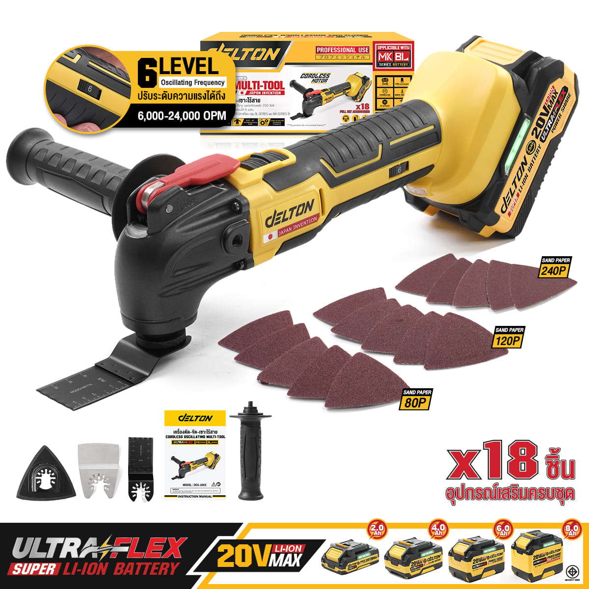 ชุดเครื่องมืออเนกประสงค์ไร้สาย (พร้อมแบตเตอรี่) DELTON รุ่น DCS-335X ULTRAFLEX 20V 2AH_10